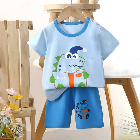 Babcutegg Boys Short Shirt and Shorts Set Baby Summer T-Shirt and Pants Sets New Cotton Athletic Outfit Set Light Blue Size 6 Months