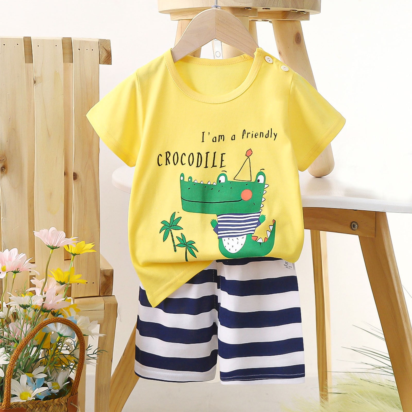 Baby Boys “Stand Out Positive” T-Shirt & Denim Shorts Set – White & Blue (6-9 Months) main image 1