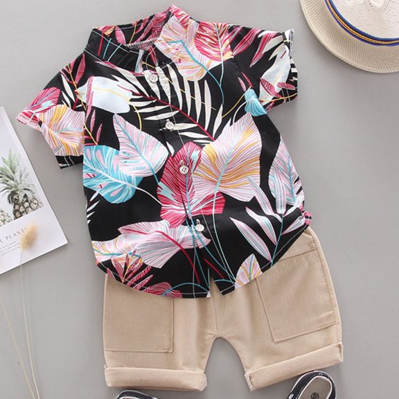 Babcutegg Boys Short Shirt and Shorts Set Baby Summer T-Shirt and Pants Sets Printed Lapel Collar Button Athletic Outfit Set Black Size 3 Years
