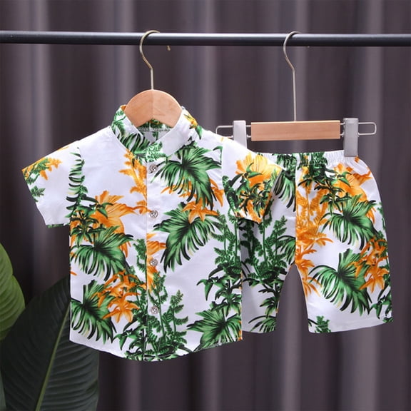Babcutegg Boys Short Shirt and Shorts Set Baby Summer T-Shirt and Pants Sets Printed Lapel Collar Button Athletic Outfit Set Green Size 2 Years