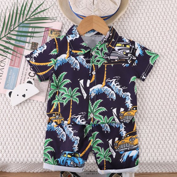 Babcutegg Boys Short Shirt and Shorts Set Baby Summer T-Shirt and Pants Sets Printed Lapel Collar Button Athletic Outfit Set Navy Size 2 Years