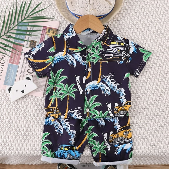 Babcutegg Boys Short Shirt and Shorts Set Baby Summer T-Shirt and Pants Sets Printed Lapel Collar Button Athletic Outfit Set Navy Size 3 Years