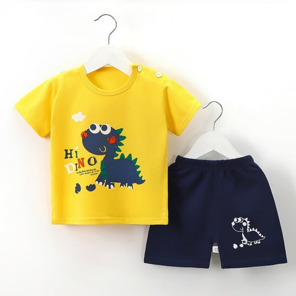 Babcutegg Boys Short Shirt and Shorts Set Baby Summer T-Shirt and Pants Sets Printed Round Neck Athletic Outfit Set Yellow Size 80cm