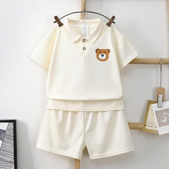 Babcutegg Boys Short Shirt and Shorts Set Baby Summer T-Shirt and Pants Sets Printed Tight Lapel Collar Athletic Outfit Set Beige Size 4 Years