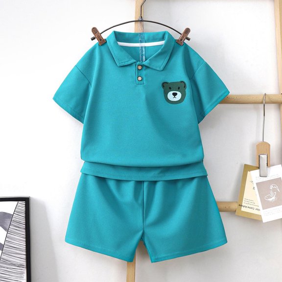 Babcutegg Boys Short Shirt and Shorts Set Baby Summer T-Shirt and Pants Sets Printed Tight Lapel Collar Athletic Outfit Set Green Size 8 Years