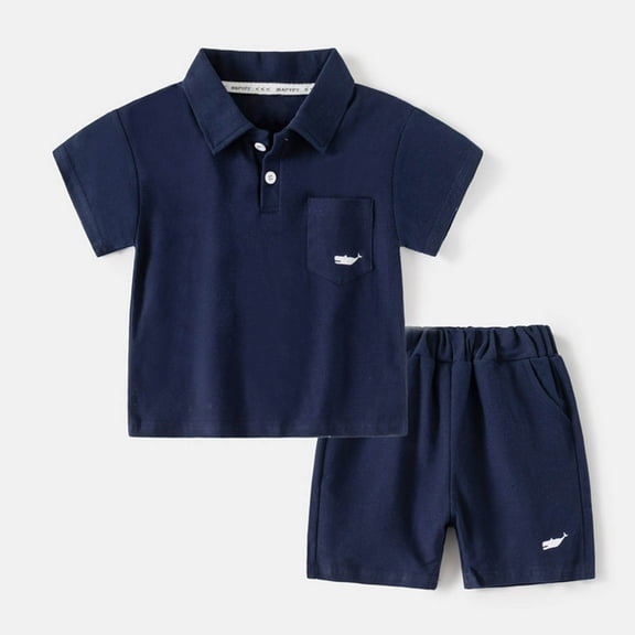 Babcutegg Boys Short Shirt and Shorts Set Baby Summer T-Shirt and Pants Sets Printed Tight Lapel Collar Athletic Outfit Set Navy Size 5 Years