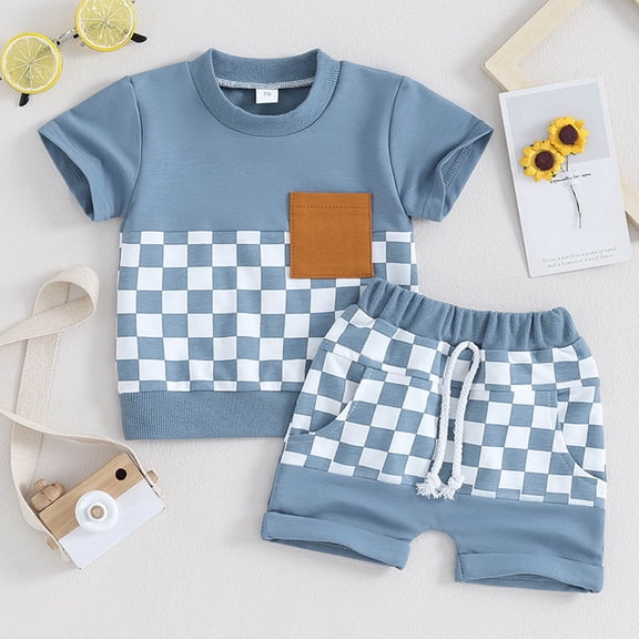 Babcutegg Boys Short Shirt and Shorts Set Baby Summer T-Shirt and Pants Sets Simplicity Cotton Athletic Outfit Set Blue Size 3 Months