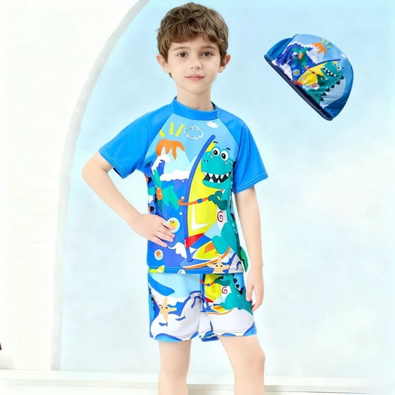 Babcutegg Boys'Split Swim Set – Short-Sleeve UV Protection Rash Guard Top and Matching Swim Shorts for Swimming, Surfing, and Water Activities Gray Size 5/6
