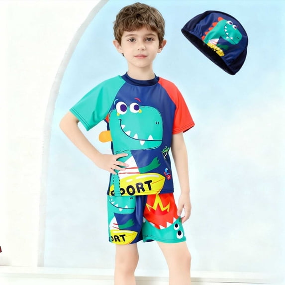Babcutegg Boys'Split-Two-Piece Swimsuit Set – UV-Protective Short-Sleeve Rash Guard Top and Matching Swim Shorts for Swimming, Surfing, and Water Sports Green Size 9/12