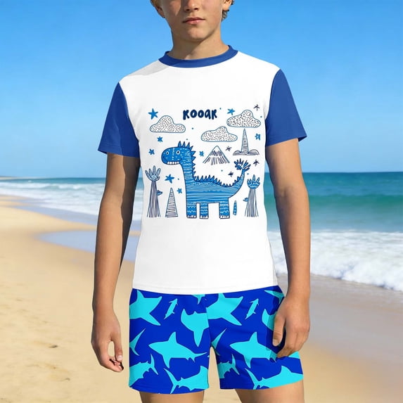 Babcutegg Boys Summer Floral Print Swim Set – Hawaiian Style Short Sleeve Rash Guard Top and Matching Swim Trunks for Beach, Vacation, and Water Activities Multicolor Size 7/8
