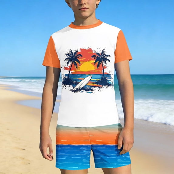 Babcutegg Boys Summer Floral Print Two-Piece Swim Set – Hawaiian Style Short Sleeve Rash Guard Top and Matching Swim Trunks for Beach, Vacation, and Water Activities Multicolor Size 7/8