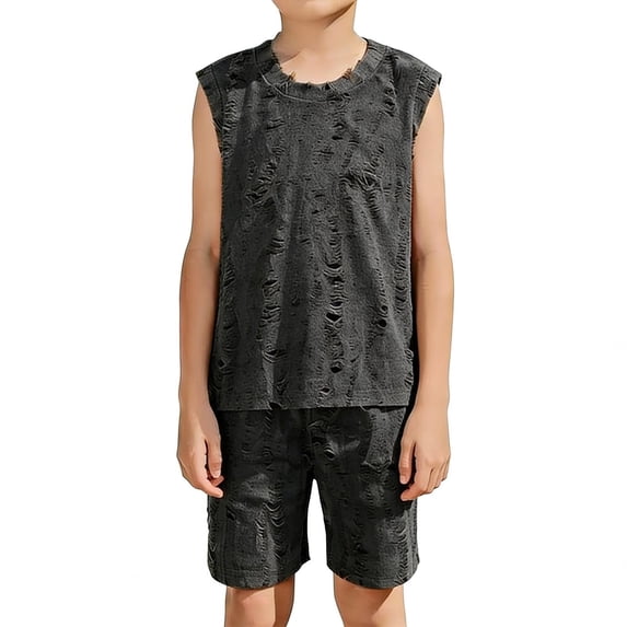 Babcutegg Boys Vintage Distressed Tank Top Shorts Set Summer Casual 2Pcs Streetwear Big Kids Outfit Dark Gray Size 5T