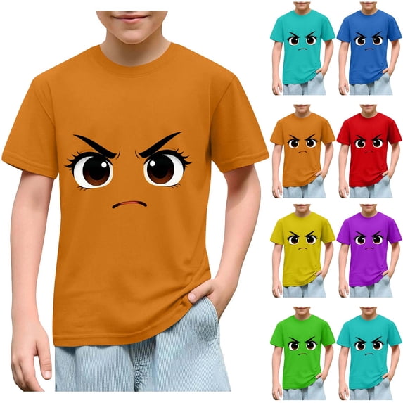 Babcutegg Boys and Girls Solid Color Short Sleeve T-Shirt – Cute Expression Print Casual Cotton Top for Kids, Soft Comfortable Fit Green Size 7