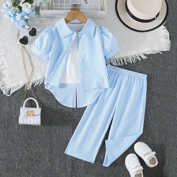 Babcutegg Boys and Girls Striped Long Sleeve Shirt with Elastic Waist Wide Leg Pants – Two-Piece Casual Outfit Set for Kids Light Blue Size 3-4