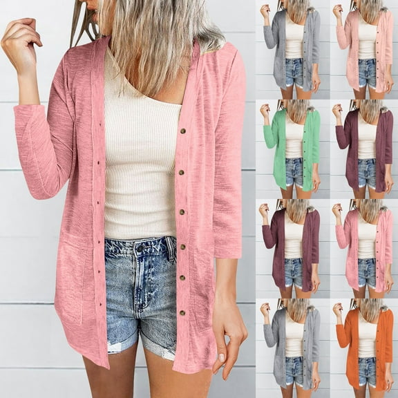 Babcutegg Cardigan for Women with Button 3/4 Sleeve Open Front Tops for Women Wine