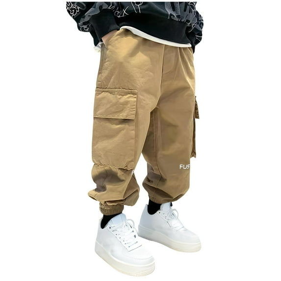 Babcutegg Cargo Pants for Kid Boys Elastic Waist Back to School Wear Wide Leg Kids Outfit Khaki Size 11