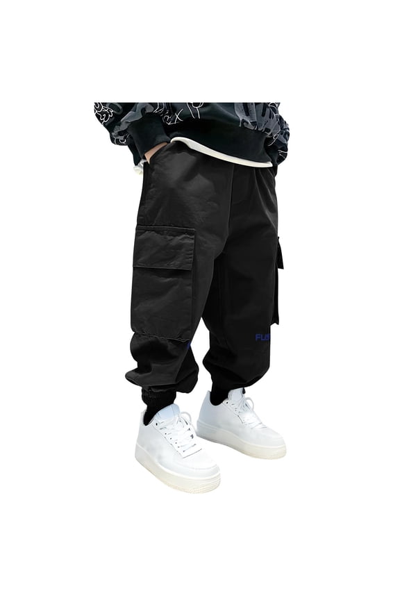 Cargo Pants for Kid Boys Wide Leg Back to School Wear Elastic Waist Kids Outfit Black Size 7