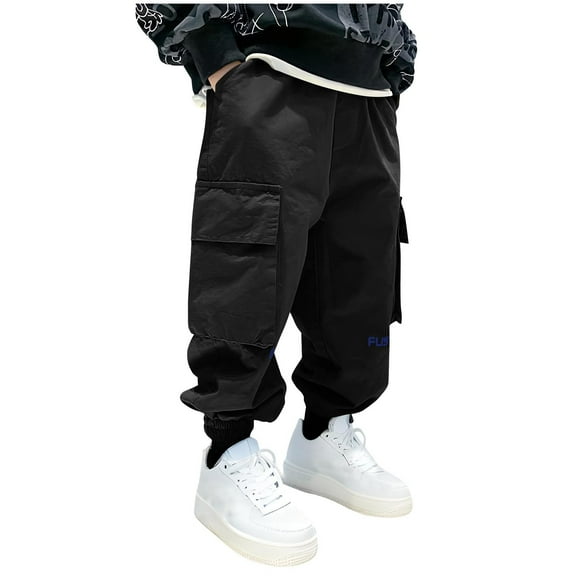 Babcutegg Cargo Pants for Kid Boys Wide Leg Back to School Wear Elastic Waist Kids Outfit Black Size 7