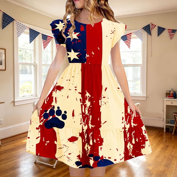 Babcutegg Charming Summer Printed Pleated Sleeve Dress With Lightweight Double-Layer Design And Classic Round Neck Multicolor Size 13