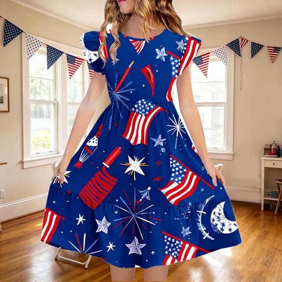 Babcutegg Charming Summer Printed Pleated Sleeve Dress With Lightweight Double-Layer Design And Classic Round Neck Multicolor Size 9