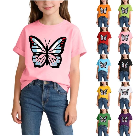 Babcutegg Children’s Butterfly Print Round Neck Short Sleeve T-Shirt – Lightweight Summer Casual Top for Everyday Wear and Outdoor Activities Pink Size 8-10