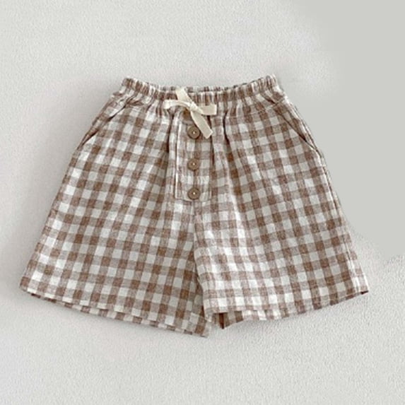 Babcutegg Children’s Casual Summer Plaid Shorts – Elastic Waist with Drawstring and Button Closure, Lightweight Cotton Blend Outdoor Wear Khaki Size 2 Years