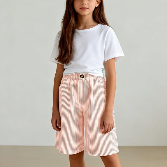 Babcutegg Cotton Linen Casual Shorts for Kids – Straight Leg Striped Waistband Comfortable Loose-Fit Five-Pocket Summer Pants Orange Size 6 Years