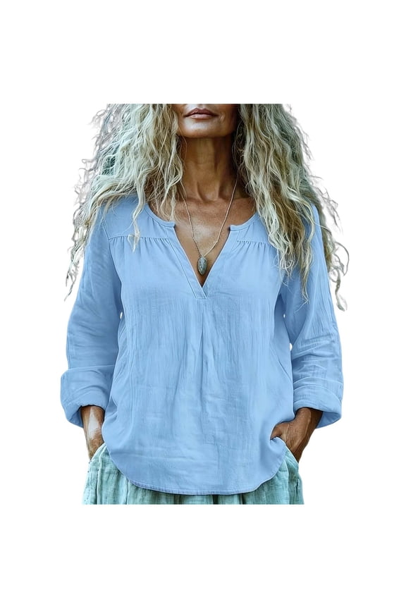 Cotton Linen Shirts for Women Breathable Sleeve Summer Light Soild Color Basic Tops Womens Summer Spring Tee Light Blue Size M