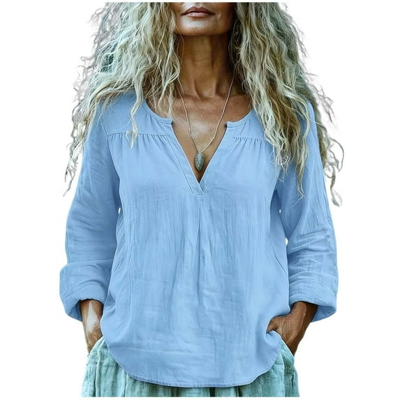 Babcutegg Cotton Linen Shirts for Women Soild Color Sleeve Breathable Summer Light Basic Tops Womens Summer Spring Tee Light Blue Size XL