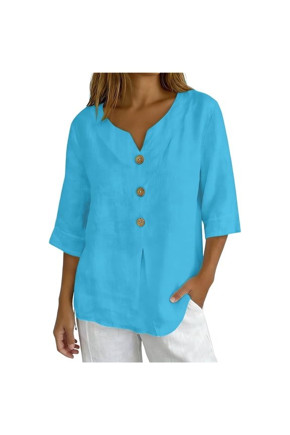 Cotton Linen Shirts for Women Work Blouse Breathable Basic Tops Summer Light Sleeve Womens Summer Spring Tee Blue Size 2XL