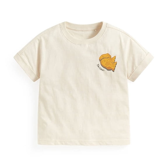 Babcutegg Cotton Short Sleeve Crew Neck T-Shirt with Cute Taiyaki Print, Lightweight Breathable Casual Top for Children Beige Size 9