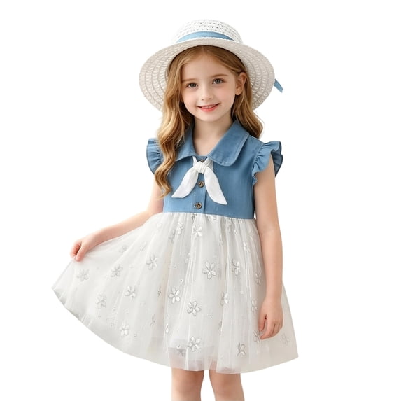 Babcutegg Cute Denim Skirt With Floral Mesh Overlay, Sleeveless Cowboy-Style Dress And Matching Hat For Young Girls White Size 2T
