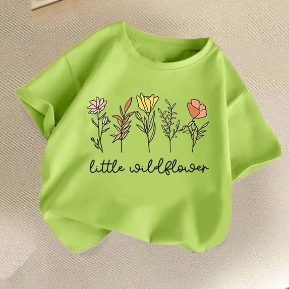 Babcutegg Cute Floral Print Short Sleeve T-Shirt With Wildflower Design, Soft Cotton Blend, Classic Crew Neck And Lightweight Fit For Warm Weather Mint Green Size 5
