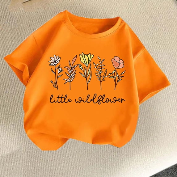 Babcutegg Cute Floral Print Short Sleeve T-Shirt With Wildflower Design, Soft Cotton Blend, Classic Crew Neck And Lightweight Fit For Warm Weather Orange Size 5