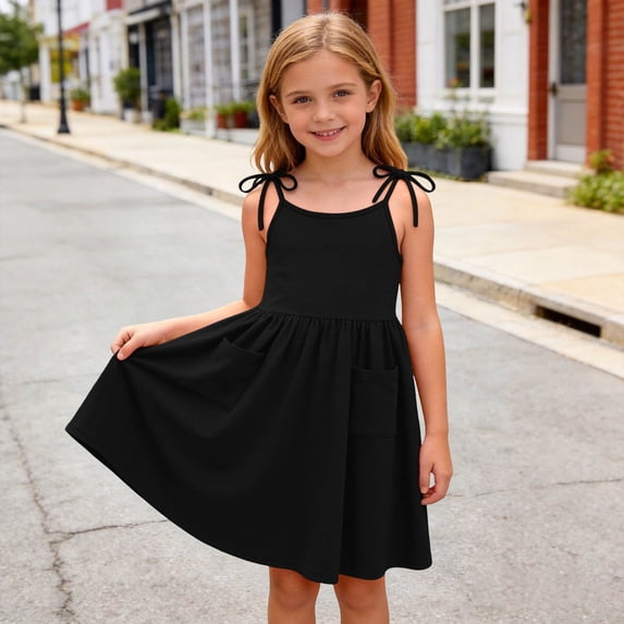 Babcutegg Cute Solid Color Sleeveless Casual Dress With Functional Pocket And Tiered Ruffle Skirt For Girls Black Size 3T