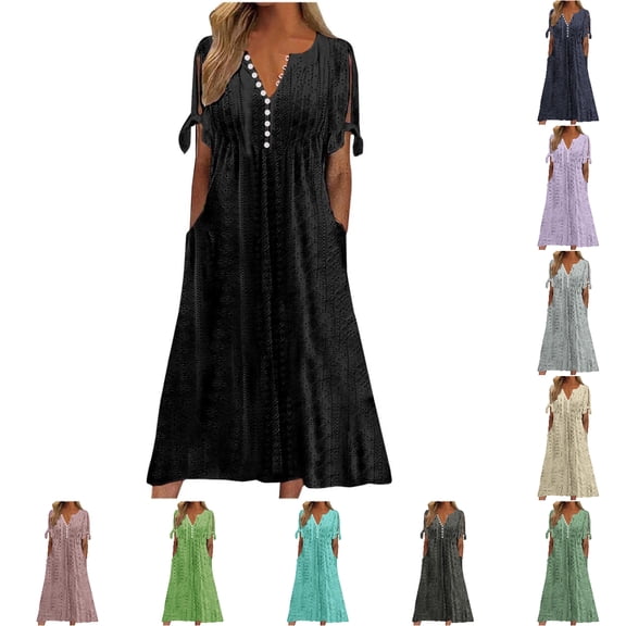 Babcutegg Dresses for Women Casual Fashion Half Button A Line V Neck Regular Fit Womens Summer Clothes Khaki Size S