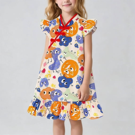Babcutegg Elegant Floral Cheongsam-Inspired Dress With Puff Sleeves, V-Neck Design, Button-Front Closure And Breathable Cotton Blend Fabric Purple Size 2T