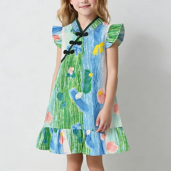 Babcutegg Elegant Floral Cheongsam-Inspired Dress With V-Neck, Flutter Sleeves, Button Detail And Lightweight Breathable Fabric For Warm Weather Green Size 3T