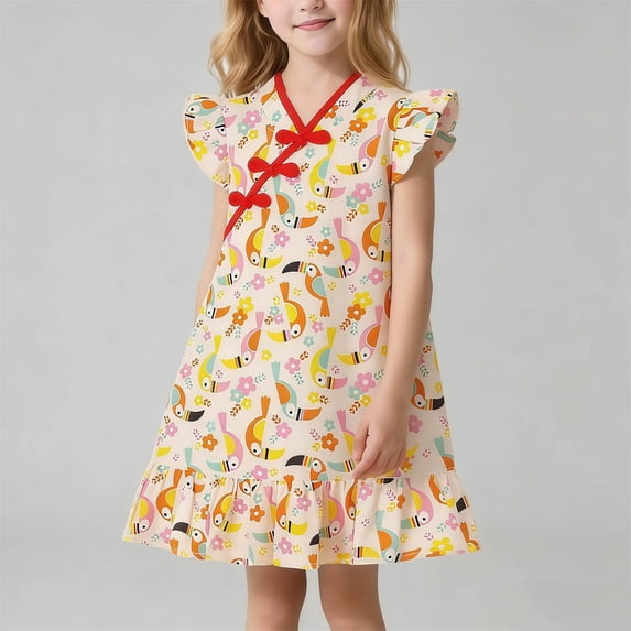 Babcutegg Elegant Floral Cheongsam-Inspired Dress With V-Neck, Puff Sleeves, Button Detail And Breathable Cotton Blend Fabric For Comfortable All-Day Wear Yellow Size 5T
