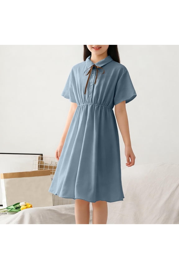 Elegant Korean-Inspired Solid Color Dress With Structured Collar Button-Front Design Breathable Fabric Flared Silhouette And Adjustable Waist Tie For Versatile Everyday Wear Blue Size 15