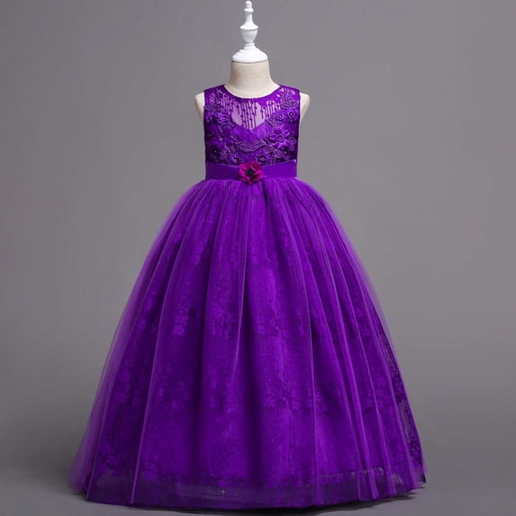 Babcutegg Elegant Sleeveless Round-Neck Dress With Delicate Embroidery And Tulle Overlay For Girls — Lightweight Summer Party Gown Purple Size 7