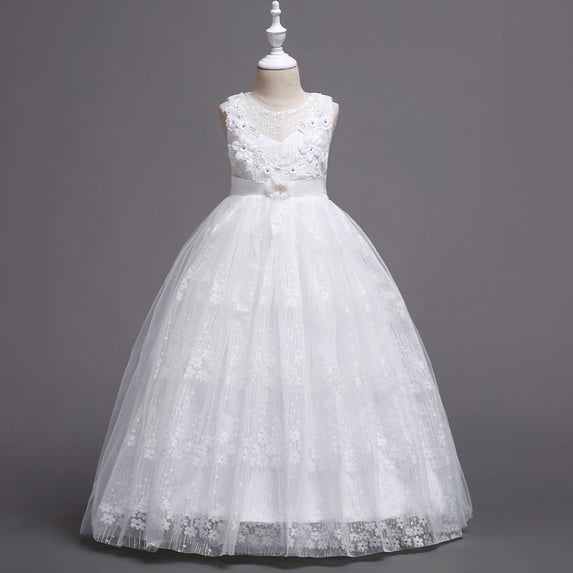 Babcutegg Elegant Sleeveless Round-Neck Dress With Delicate Embroidery And Tulle Overlay For Girls — Lightweight Summer Party Gown White Size 7