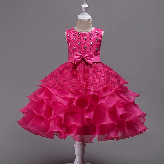 Babcutegg Elegant Sleeveless Round-Neck Dress With Delicate Embroidery Soft Tulle Layers And Ruffled Hem For Girls Hot Pink Size 11