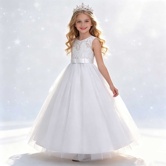 Babcutegg Elegant Sleeveless Round-Neck Summer Dress With Delicate Embroidery And Tulle Overlay For Girls White Size 14