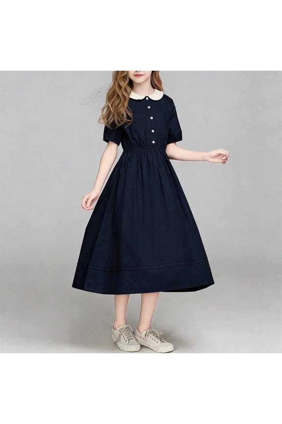 Elegant Solid-Color Korean-Inspired Dress With Doll Collar, Button Detail, High-Waist Design And Breathable Fabric For Versatile Warm-Weather Wear Navy Size 15