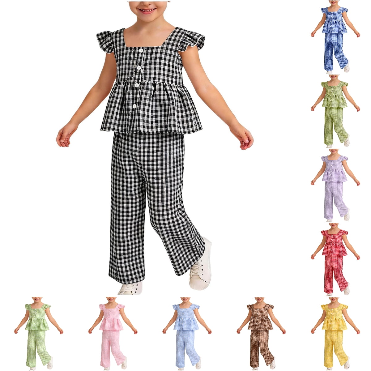 Babcutegg Girls Blouses and Pants Set Sleeveless Checkered Pattern with ...