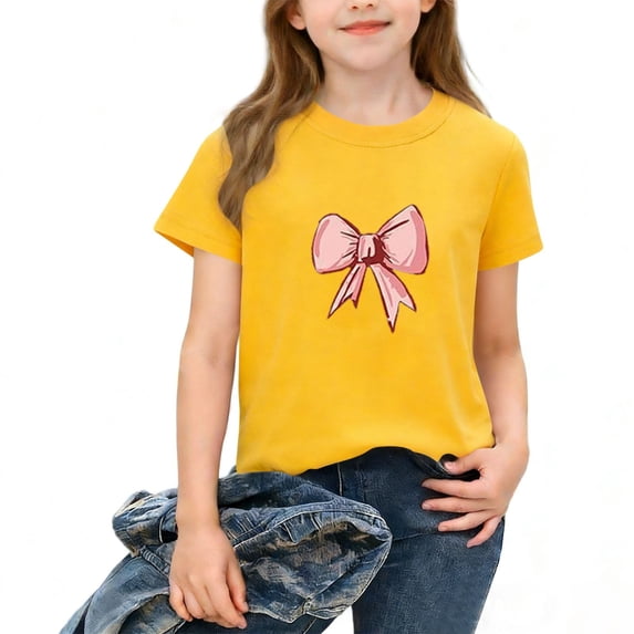 Babcutegg Girls’ Breathable Cotton Short Sleeve Top With Delicate Bow Accent And Timeless Solid Hue For Everyday Wear Yellow Size 2