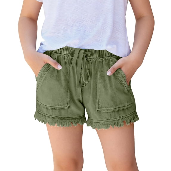 Babcutegg Girls Denim Shorts – Solid Color Casual Summer Jeans with Adjustable Drawstring Waist, Functional Pockets, and Comfortable Relaxed Fit Green Size 140