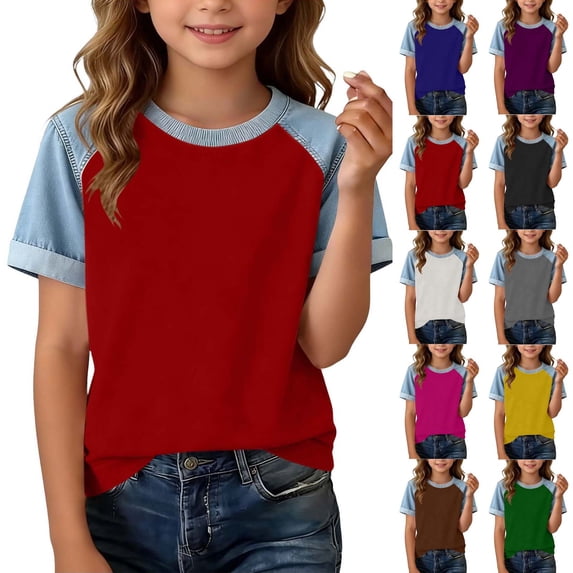 Babcutegg Girls Denim-Style Printed Short Sleeve T-Shirt – Casual Round Neck Top with Contrast Patchwork Design for Summer Everyday Wear Yellow Size 9-10
