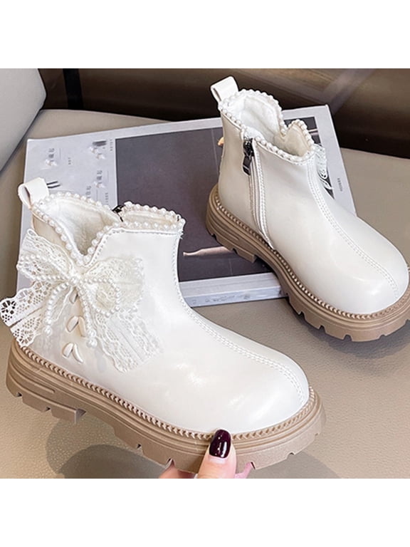Girls Fall Short Boots British Style Bow Knot Pearl Chunky Sole Ankle Boots Kids Fashion Everyday Wear Beige Size 1 Little Kid